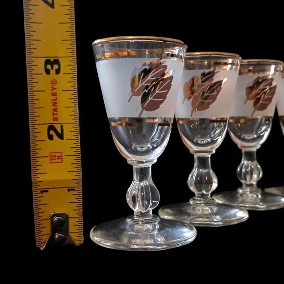 Libbey Golden Foliage Cordial Glasses Frosted Stemmed Gold Oak Leaf MCM Mad Men. - Picture 3 of 16